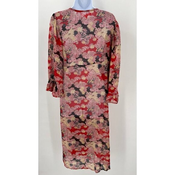 Say What? Sheer Floral Duster Floral Red Black Pink, Ruffle Sleeve Size S/M - Picture 9 of 12
